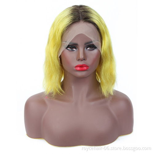 Wholesale 10A Raw Burmese Vrigin Human Hair Body Wave Curly Blunt Cut Ombre Yellow Colored Lace Front Bob Wig